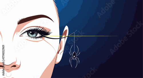 Closeup of a womans face with long eyelashes and a spider earring on a dark blue background, creating a mysterious and elegant look