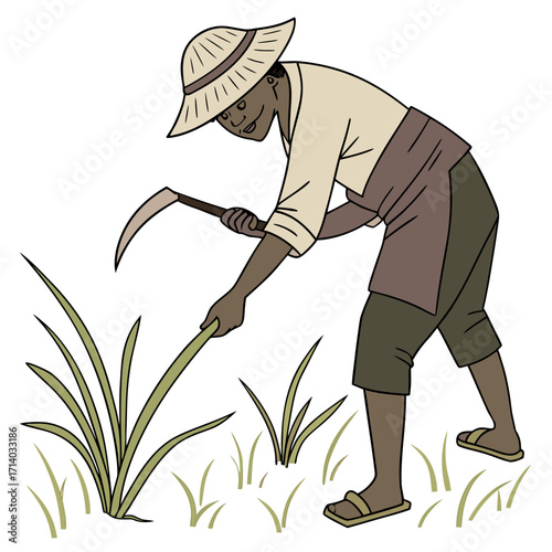 A farmer wearing a straw hat harvests crops with a sickle in a field of grass