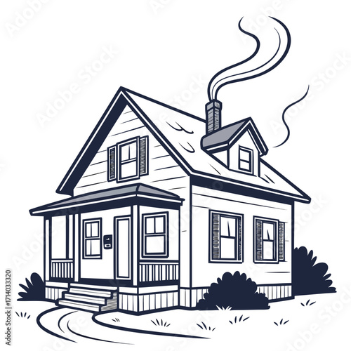 Charming hand drawn illustration of a cozy suburban house with smoke coming from the chimney