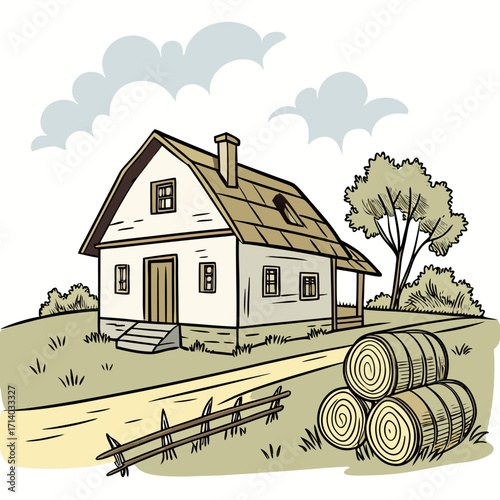 Charming hand drawn illustration of a rustic farmhouse with hay bales and a wooden fence under a cloudy sky
