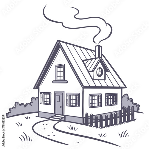 Charming hand drawn illustration of a cozy house with smoke coming from the chimney on a white background