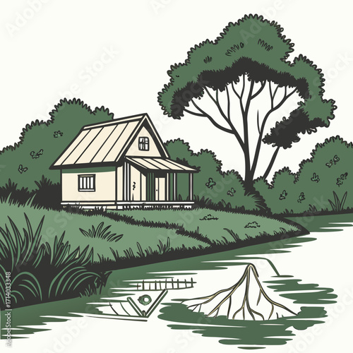 Charming illustration of a small cottage nestled by a serene river surrounded by lush greenery and trees