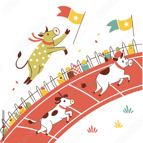 Cute cartoon cows racing on a track with flags and spectators cheering them on