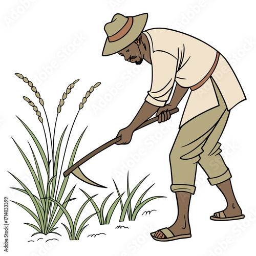 Farmer wearing a hat and traditional clothing harvesting crops with a sickle in a field