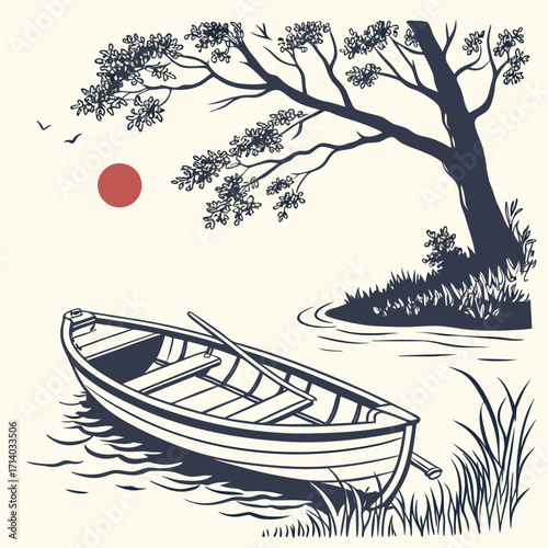Serene lakeside scene with a rowboat under a spreading tree and a red sun