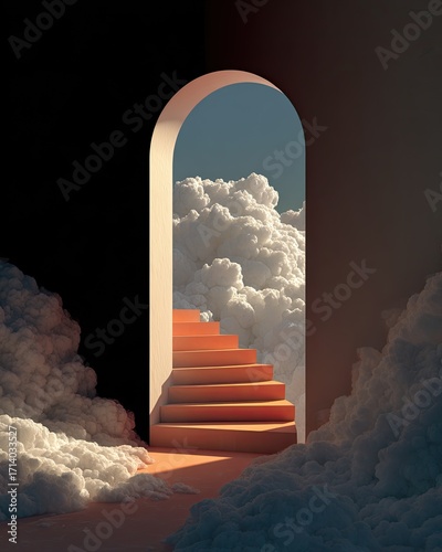 Archway to a sky-high staircase through clouds