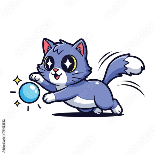  Playful Kitten and Sparkling Orb: A charming cartoon kitten, brimming with energy, playfully chases after a shimmering blue orb, set against a pristine background that radiates vibrancy. 