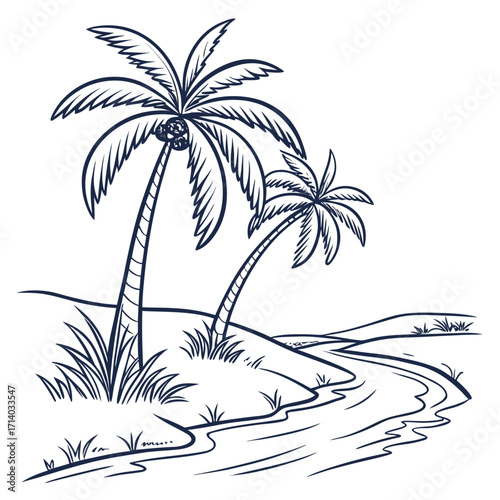 Simple line drawing of two palm trees on a grassy hill beside a winding river