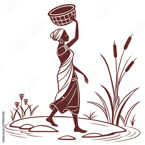 Silhouette of an african woman carrying a basket on her head walking across stepping stones near reeds