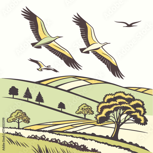 Stylized flock of birds soaring over rolling green hills and farmland fields