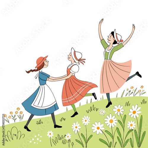 Three joyful young women in traditional dresses dancing and playing in a sunny meadow with daisies