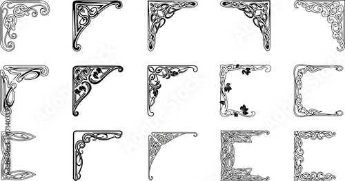 Vector art of assortment of ornate corner brackets and decorative borders in black and white