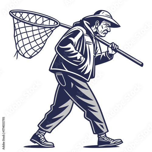 Vintage style illustration of an old man wearing a hat carrying a butterfly net over his shoulder