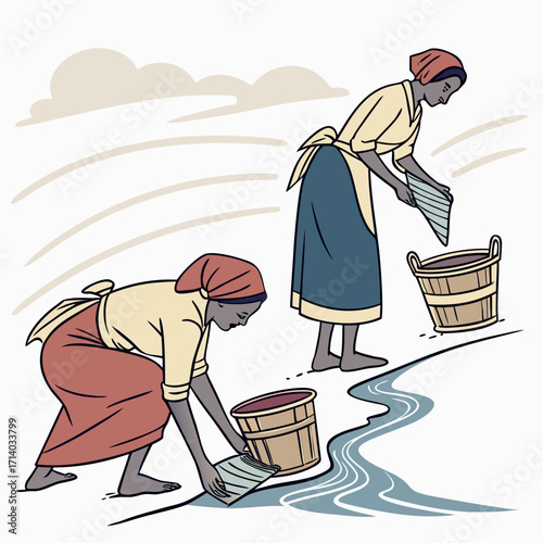 Two women washing clothes by a river in a rural setting with baskets and cloudy sky