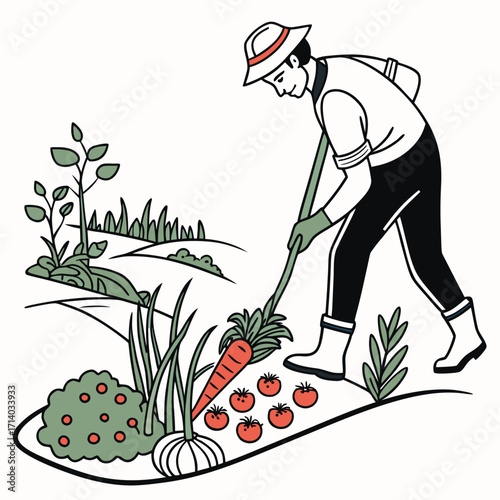 Farmer tending to a bountiful garden with fresh vegetables and fruit in a stylized illustration