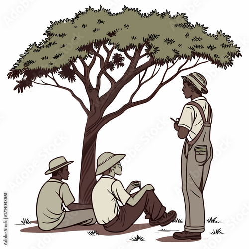 Three people in safari hats gather under a large tree discussing plans and taking notes