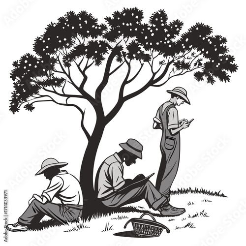 Three men in hats taking a break under a shady tree using their mobile phones and devices