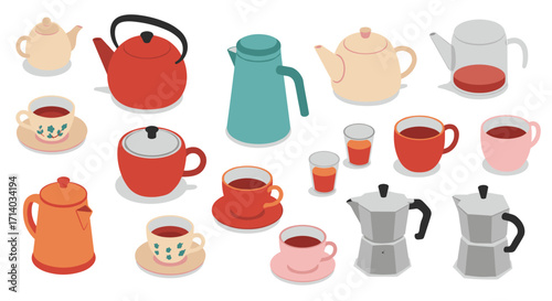 Isometric tea and coffee set with kettles, cups, and glasses