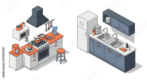 Modern isometric kitchen design with appliances and furniture