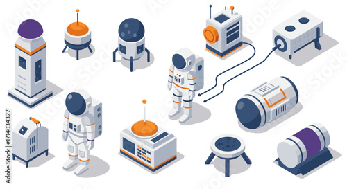 Isometric space exploration equipment and astronauts in futuristic design