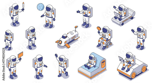 Exploring space: isometric astronauts engaged in various activities