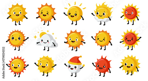 Cute cartoon sun characters with cloud in various expressions and seasonal themes