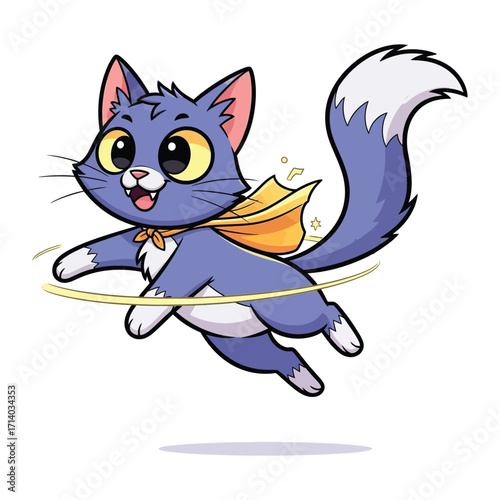 Whimsical Feline Hero: A cheerful cartoon illustration of a superhero cat, soaring through the air with a yellow cape and a radiant trail, ready to bring joy and wonder.
