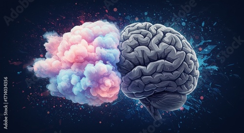 A surreal depiction of a human brain with colorful clouds, symbolizing creativity and thought.