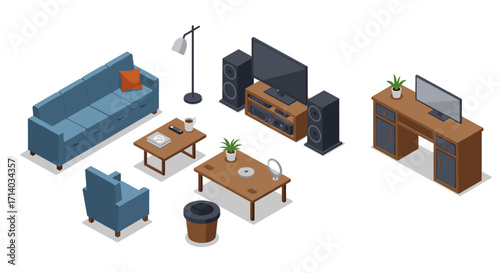 Modern isometric living room set with furniture and electronics