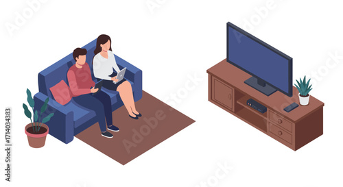 Isometric living room: couple relaxing on sofa with laptop near tv stand
