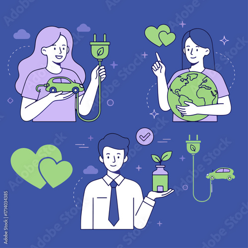 Sustainability set. Characters showing benefits of sustainable lifestyle. Green energy, electric car, clean industry concept. Vector illustration.