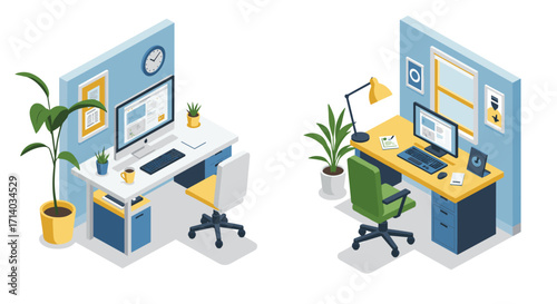 Isometric home office setup with desk, computer, and plant in modern workspace