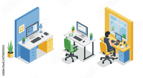 Modern isometric office design with desks and computers in colorful workspaces