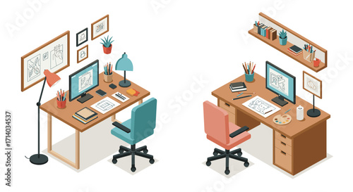 Cozy isometric home office desks with art supplies and computers
