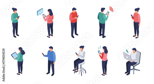 Diverse people engaged with technology in isometric style