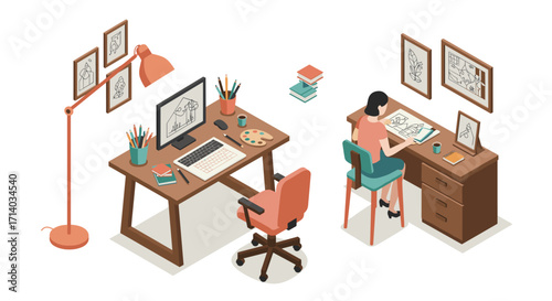 Creative home office with artistic and comfortable workspace setup for designers