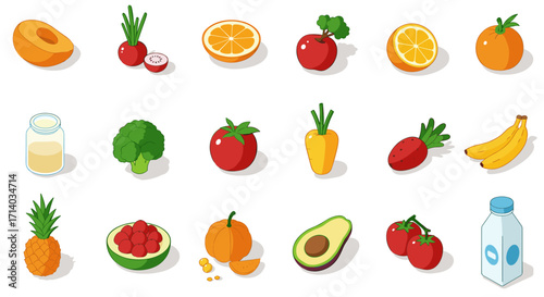 Colorful isometric fruits and vegetables icons set for healthy living designs