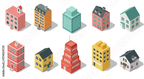 Charming isometric buildings collection featuring diverse architectural styles