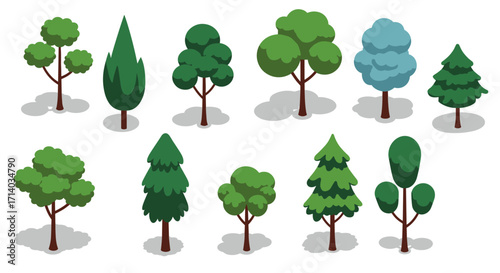Collection of stylized trees in flat design with shadows