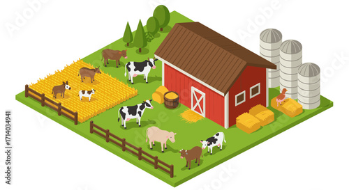 Isometric farm scene with animals and red barn