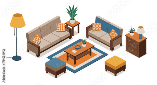 Modern isometric living room design with sofa, coffee table, and plants