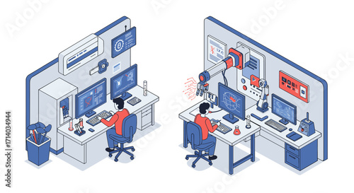 Isometric artificial intelligence research lab with robotic arm and scientists