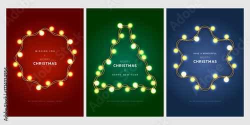 Christmas light garland frame greeting cards. Glowing fairy light bulbs with wavy string wire border on red, green, blue background. Decorative wreath banner for promotions, cards, invitations, etc.