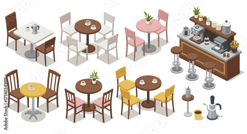 Cozy cafe interior with isometric tables and bar counter