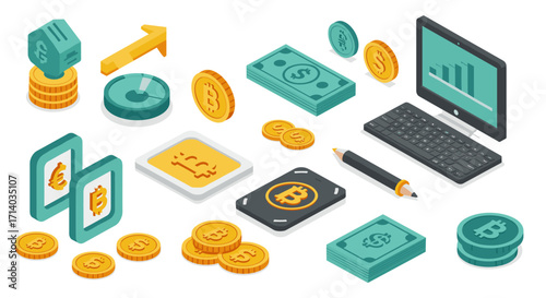 Cryptocurrency and finance isometric icons featuring bitcoin and financial tools