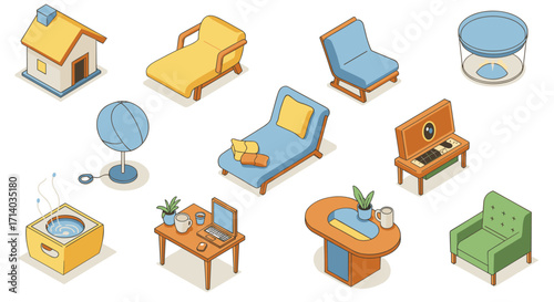 Isometric home furniture and decor elements for modern interiors