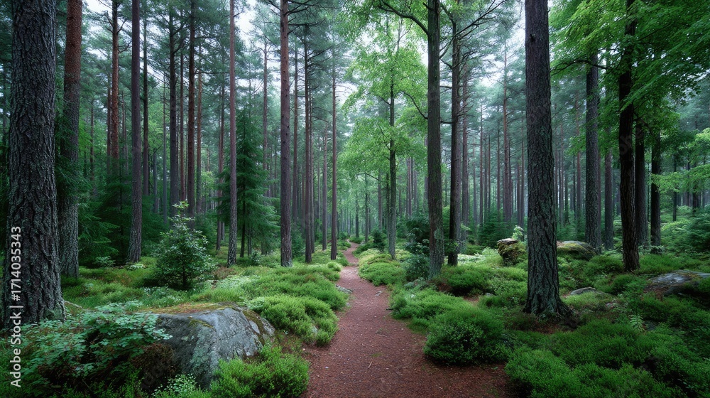 Obraz premium Lush Green Forest with Tall Trees and a Narrow Path in Daytime
