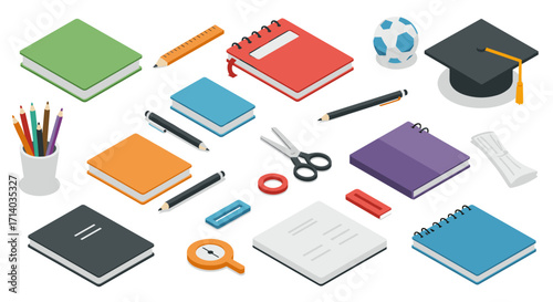 Isometric school supplies and office essentials with books, notebooks, and stationery