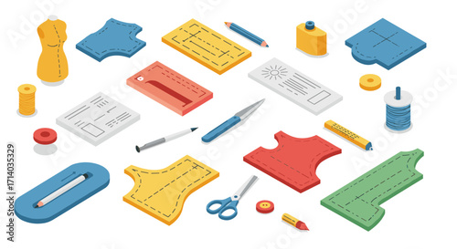 Sewing tools and patterns in colorful isometric style for fashion design projects