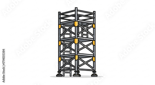 Illustration of a metal scaffolding tower with three platforms, used in construction and maintenance projects